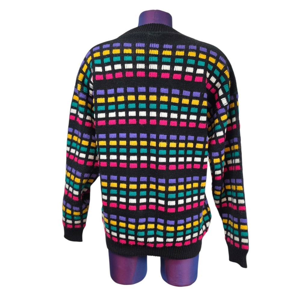 Vintage Spunky Multi Color Block Knit Sweater Black Crewneck Made in USA - Picture 4 of 6